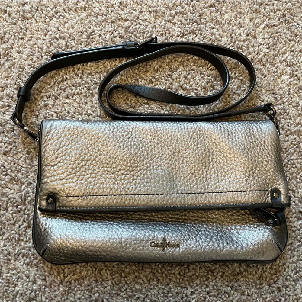 Cole Haan Silver Leather Foldover Crossbody Bag